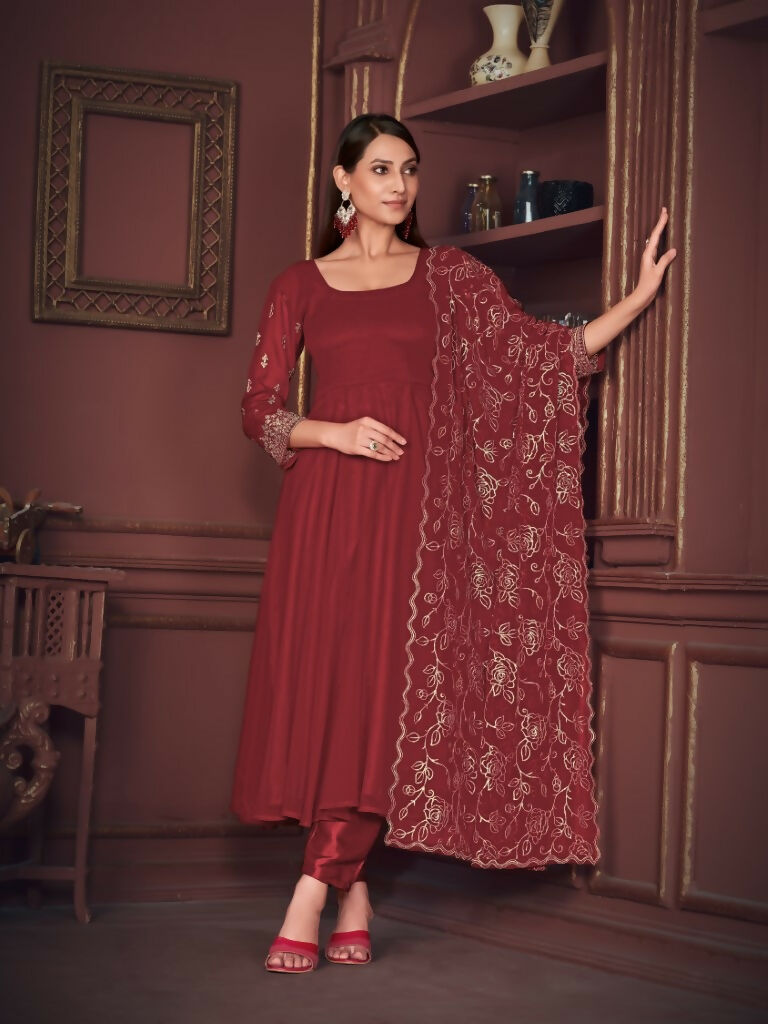 Jyoti Fashion Women's Maroon Georgette Embroidered Anarkali Kurta Pant Set With Dupatta | Swadesiicart