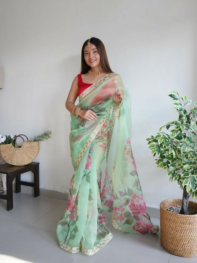 Vamsee Nilam Green Organza Saree - Swadesiicart