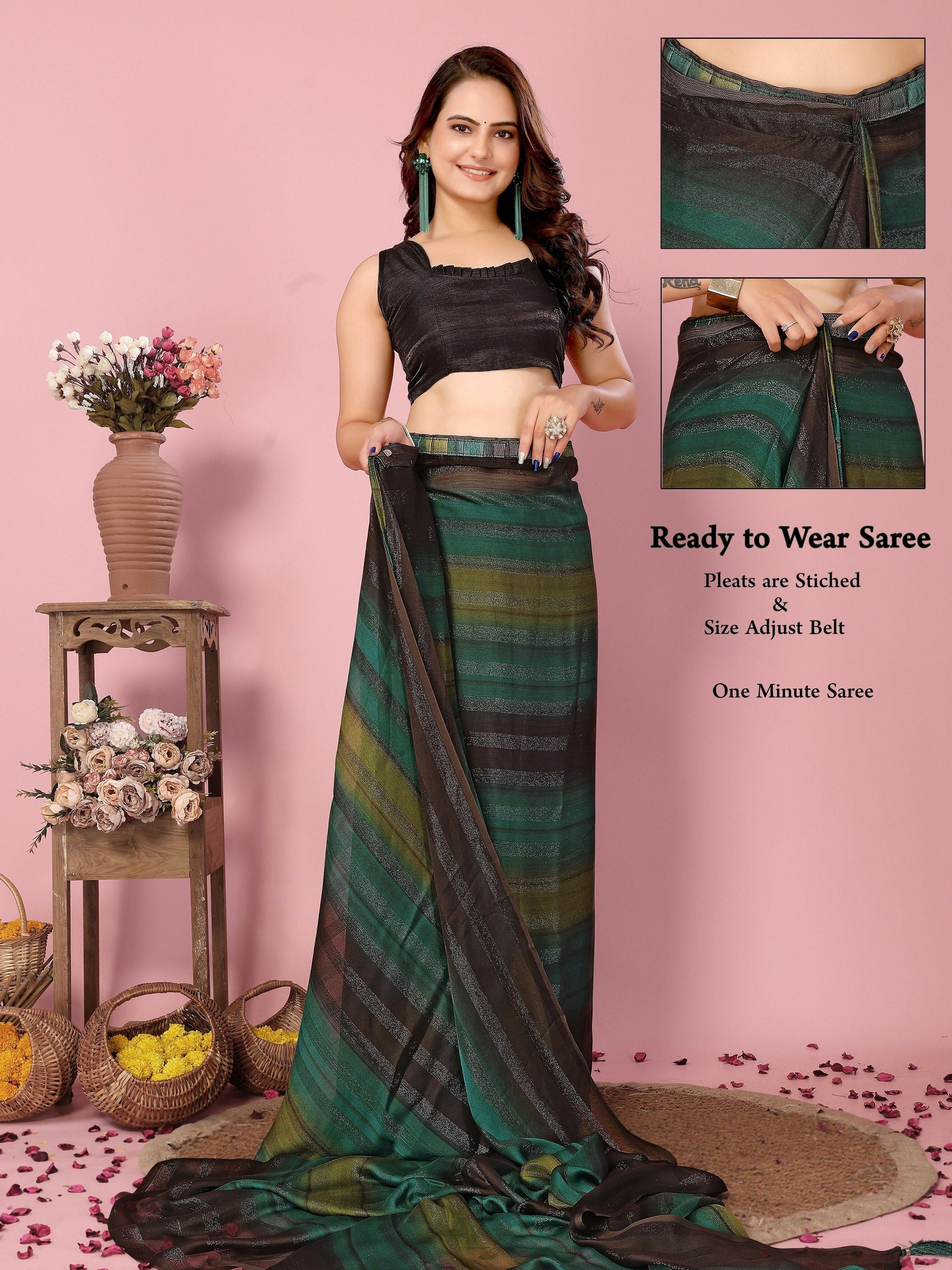 Attractive These Party Wear Ready To Wear Saree - Green | Swadesiicart