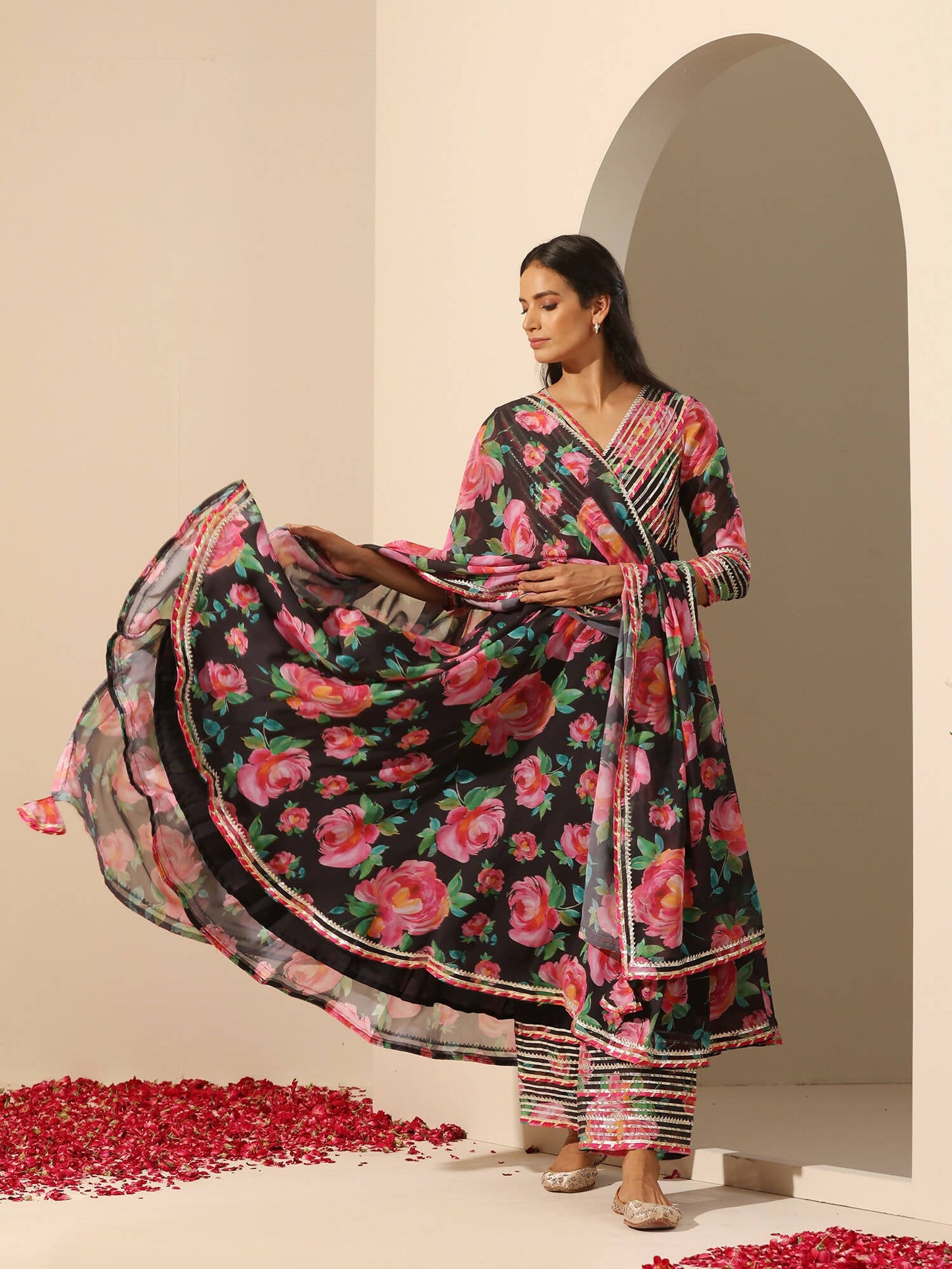 Pomcha Jaipur Black Gul Gulab Anarkali Set | Swadesiicart