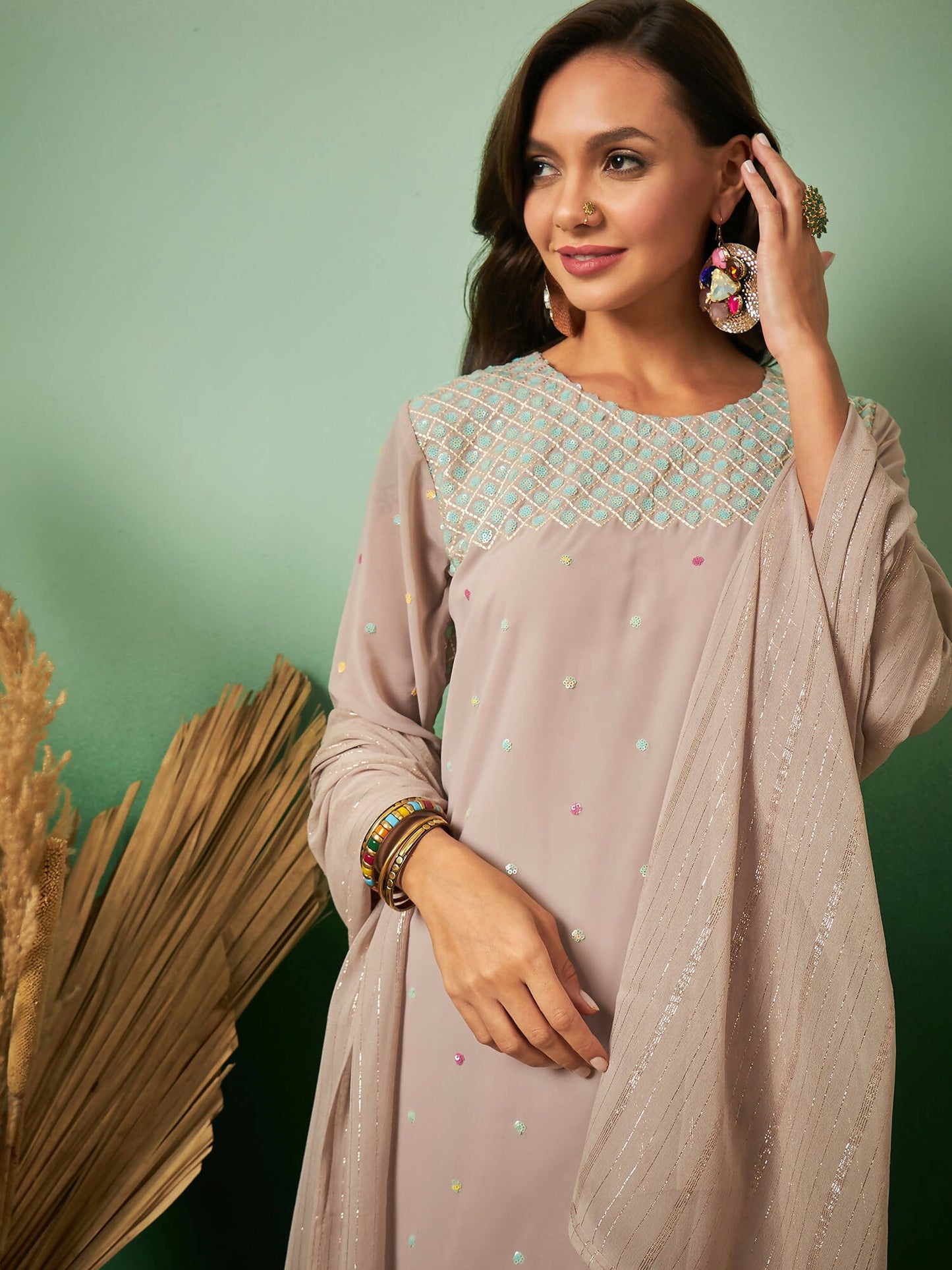 Light Brown Georgette Handwork Unstitched Dress Material - Hanika | Swadesiicart