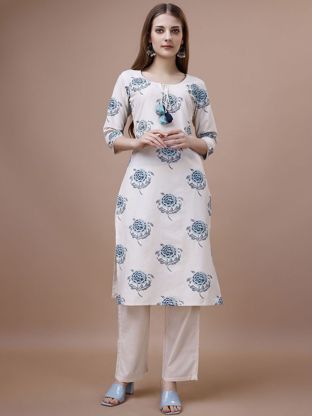 Ode by House of Pataudi Floral Printed Tie-Up Neck Cotton Straight Kurta - Swadesiicart