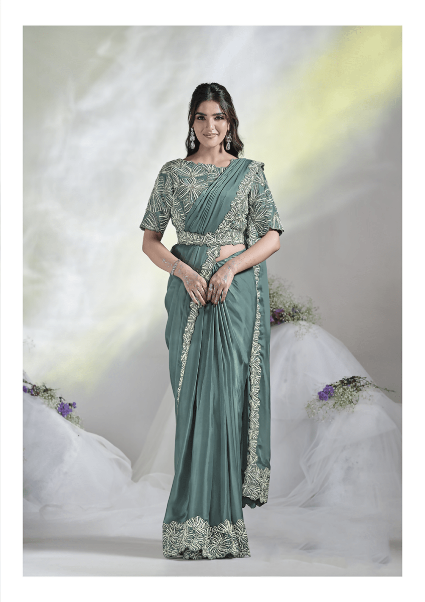 Aqua Blue Crepe Satin Silk Designer Ready to wear saree with stithced Blouse - Mohmanthan Aura | Swadesiicart