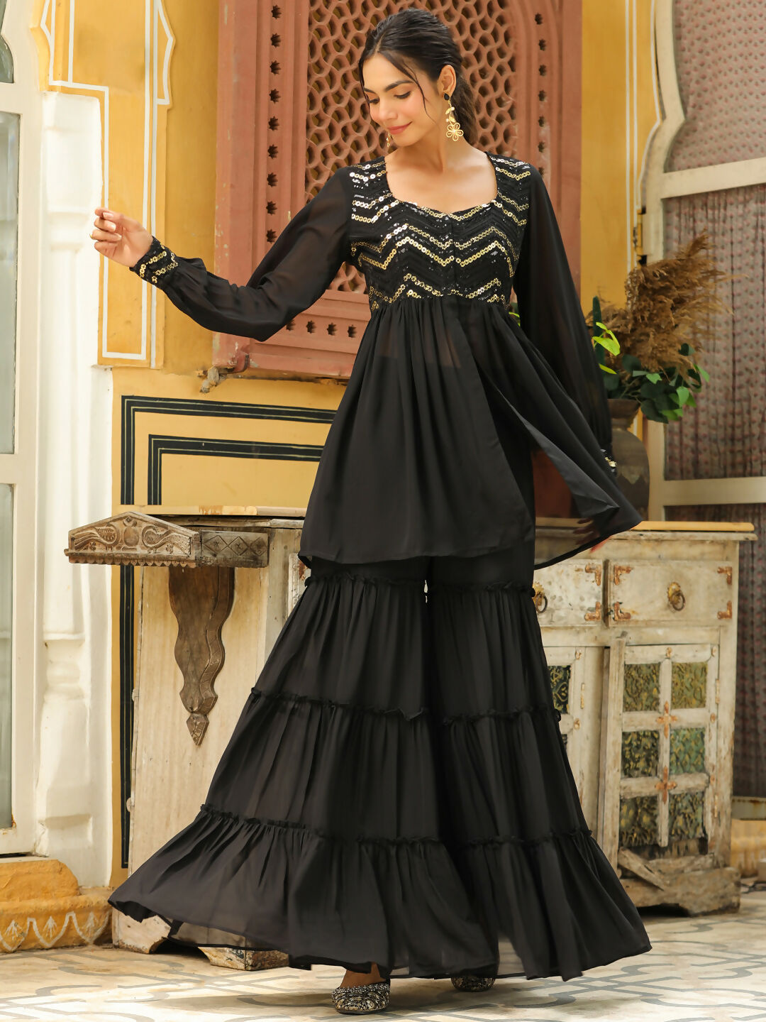 Janasya Black Georgette Sequined Tunic & Bottom | Swadesiicart