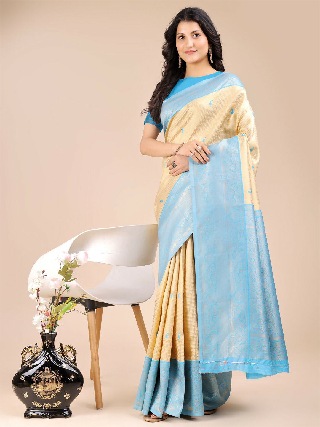 Astita Aura Silk Cream Sky Blue Banarasi Silk Saree | Swadesiicart