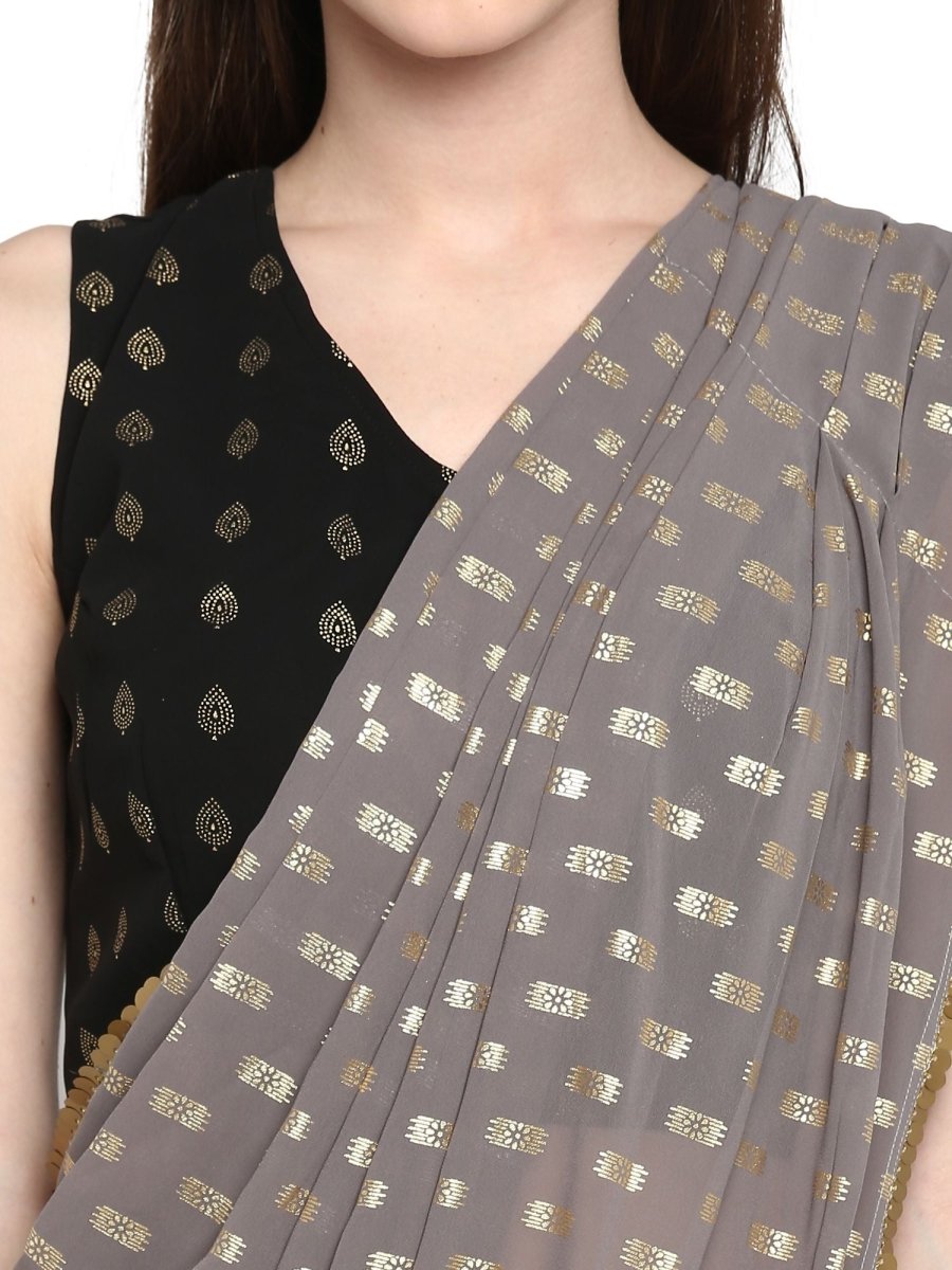 Ahalyaa Women's Black Georgette Foil Print Ready to Wear Saree | Swadesiicart