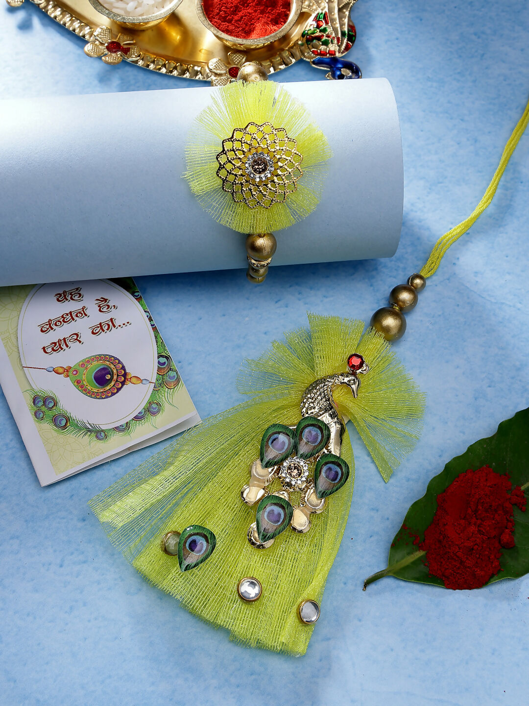 NVR Women & Men Set of 2 Yellow Peacock Design Bhaiya Bhabhi Rakhi With Roli Chawal & Chocolate | Swadesiicart