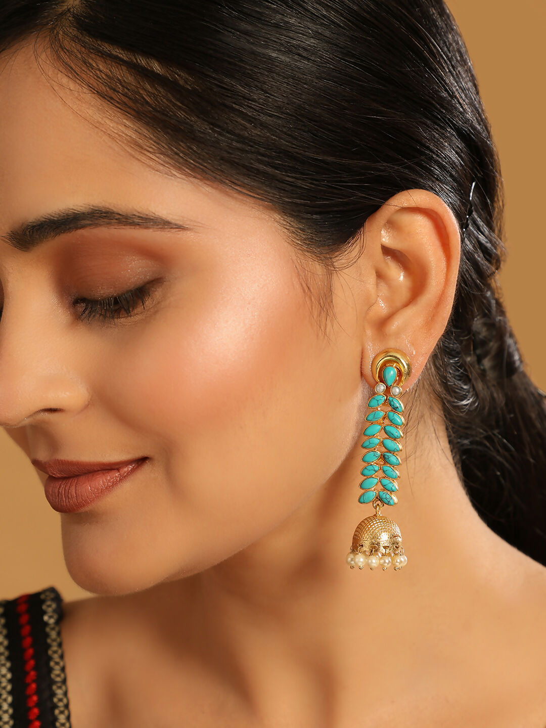 Nuyug 22K Gold Plated Pearl & Turquoise Stone Studded Contemporary Shaped Jhumkas | Swadesiicart