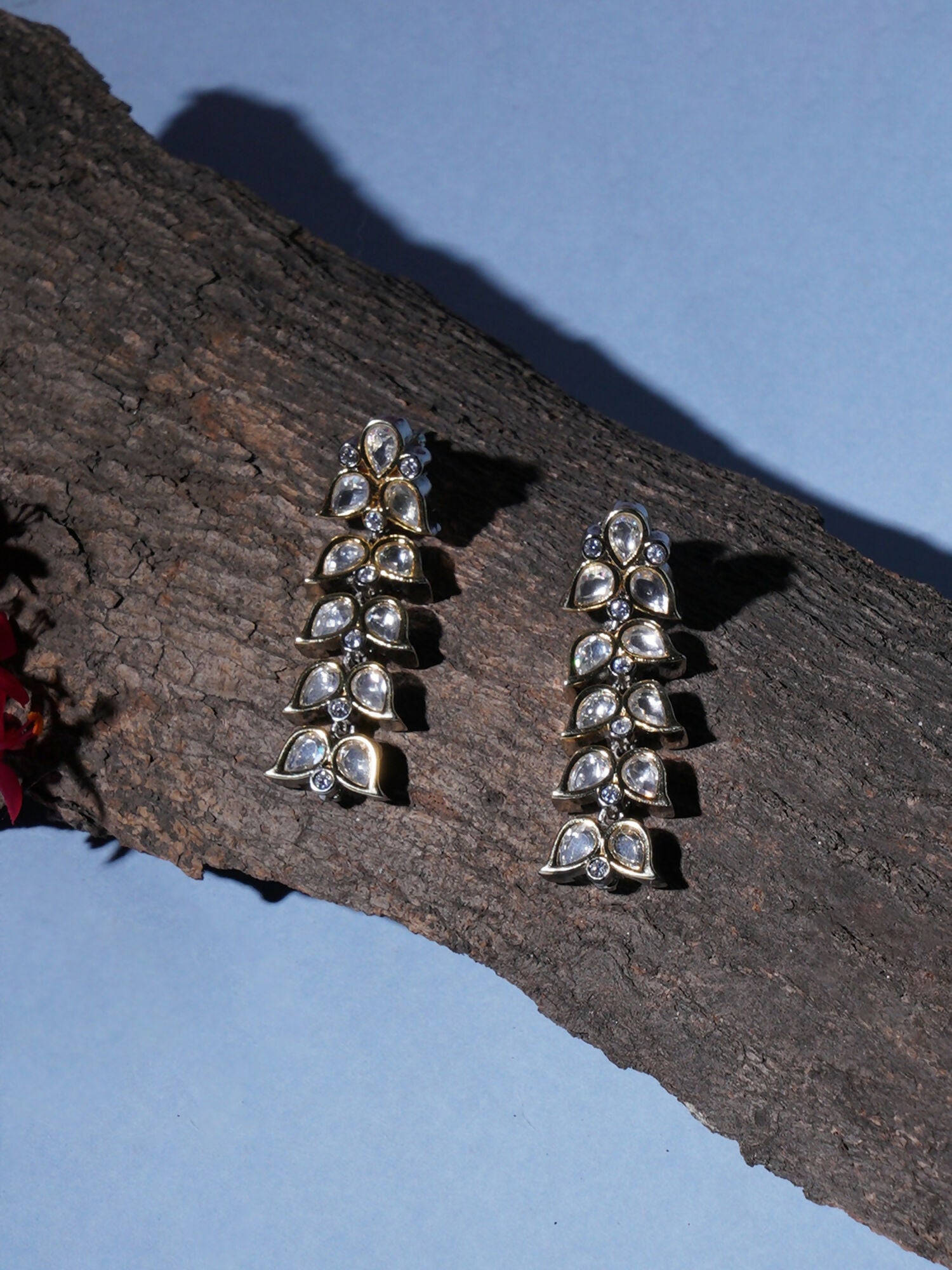 Long Kundan Earrings (silver) - Ruby Raang - Swadesiicart