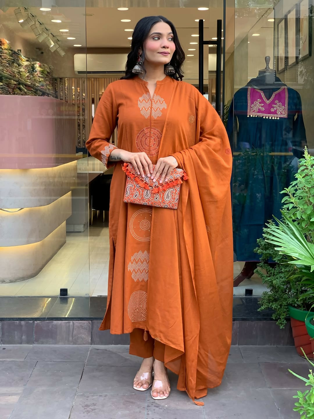 The52 Orange Women's Gorgeous Chanderi Fabric Embroidered Work Straight Kurta Pant and Dupatta Set - Swadesiicart