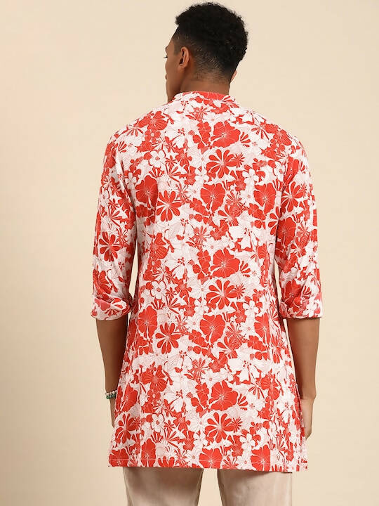 Red & White Men pure Cotton Floral Printed Straight Kurta - Mahotsav | Swadesiicart