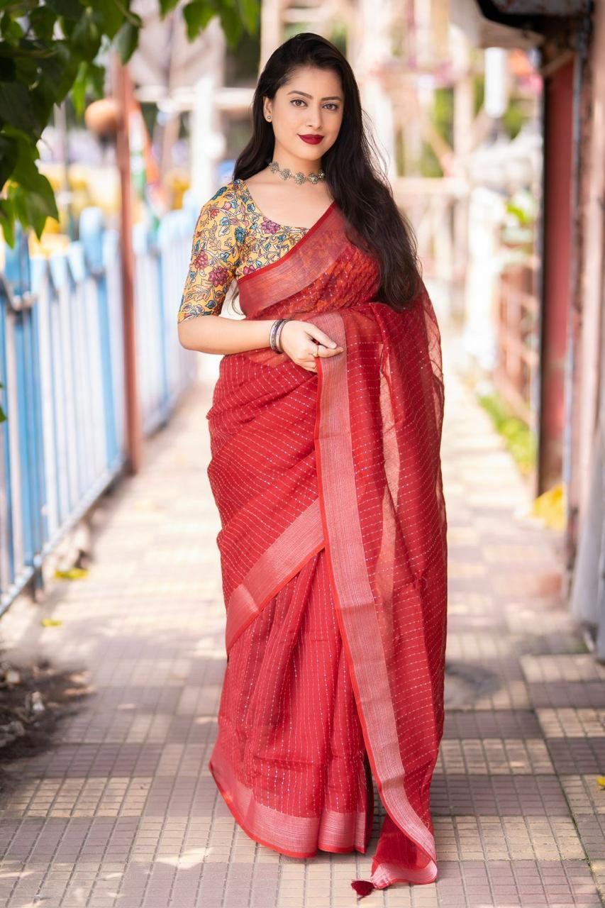 Red Linen Sequence Saree with Unstitched Blouse - Hiral Fashion | Swadesiicart