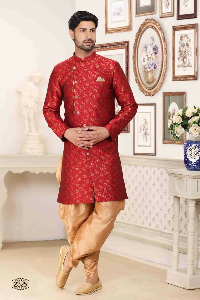 Raivat Ethnic Banarasi Jacquard Embroidery Semi Indo Western Sherwani In Maroon Colour | Swadesiicart