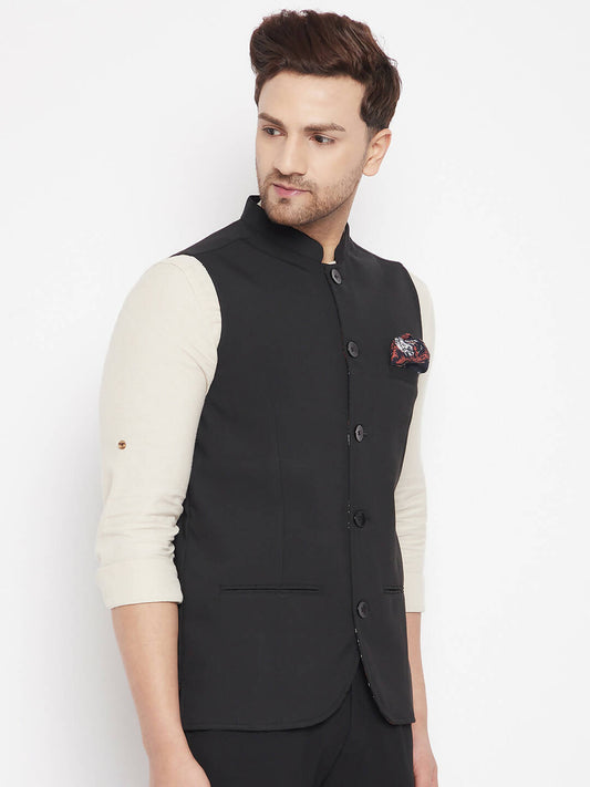 Even Apparels Black Merino Men's Nehru Jacket-Contrast Lining-Inbuilt Pocket Square | Swadesiicart