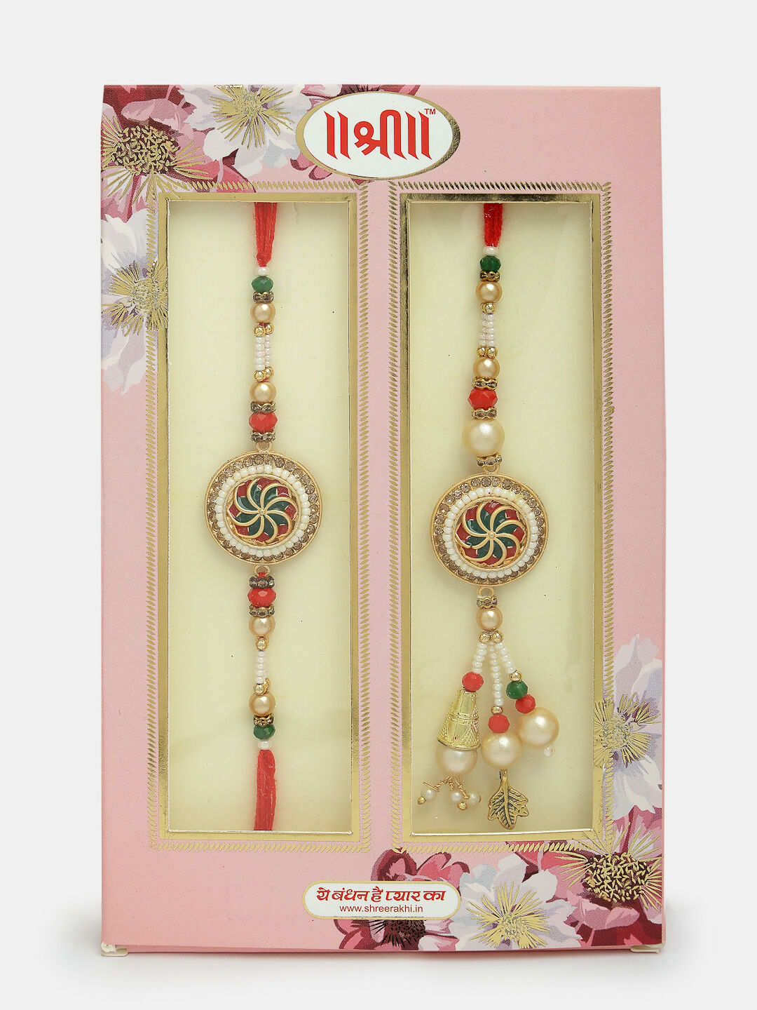 NVR Women & Men Set of 2 Gold-Toned Stone-Studded & Beaded Bhaiya Bhabi Rakhi With Roli Chawal & Chocolate | Swadesiicart