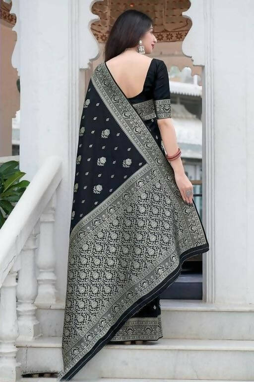 DEIANA'S Beautiful Designer Golden zari Soft Lichi Silk Saree - Black - Swadesiicart