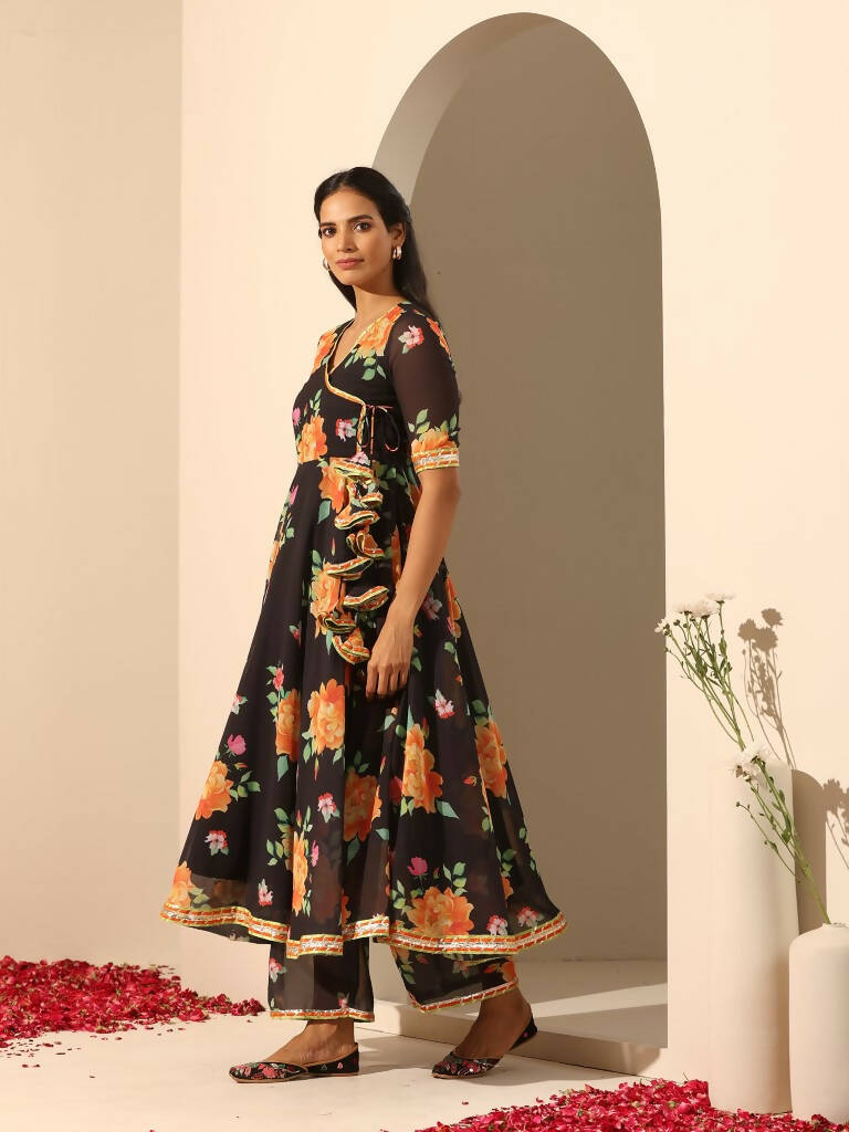 Pomcha Jaipur Black Gul Narangi Angrakha Set | Swadesiicart