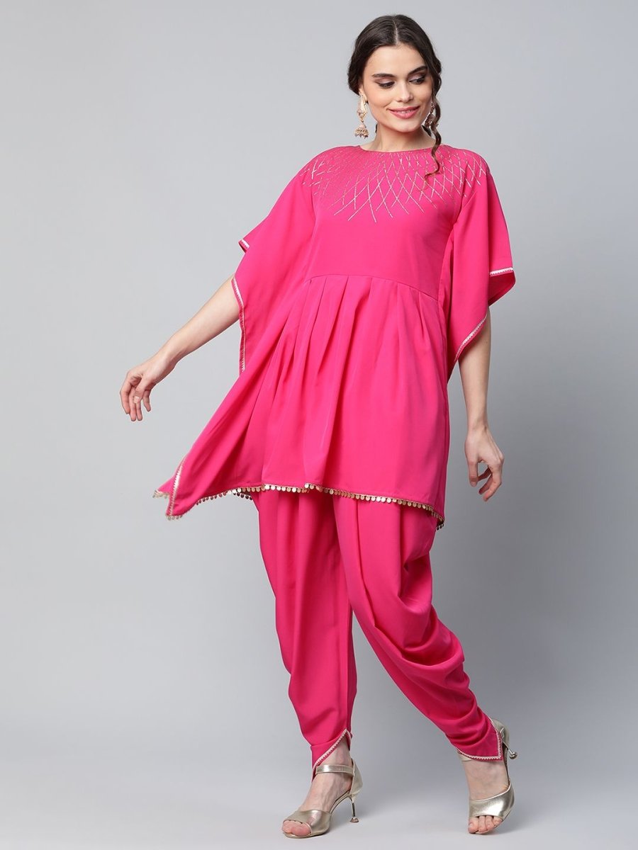 Ahalyaa Women Pink Crepe Glitter Printed Kurta with Dhoti Pants | Swadesiicart