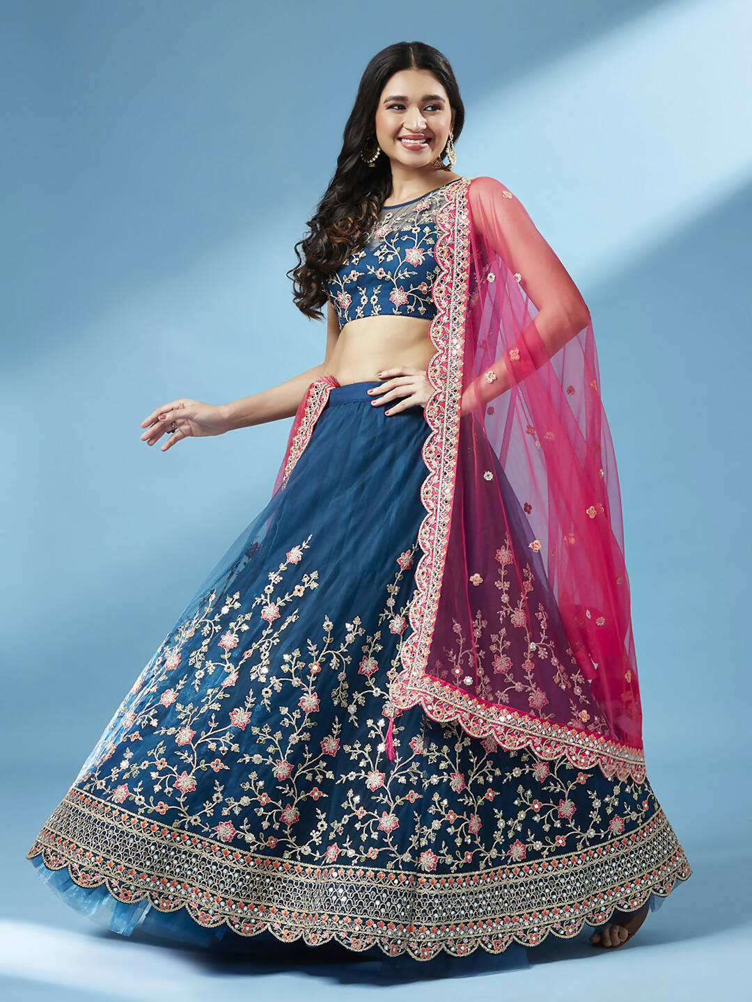 House of Panchhi Teal Net Semi stitched Coding and Mirror Work Lehenga Choli | Swadesiicart