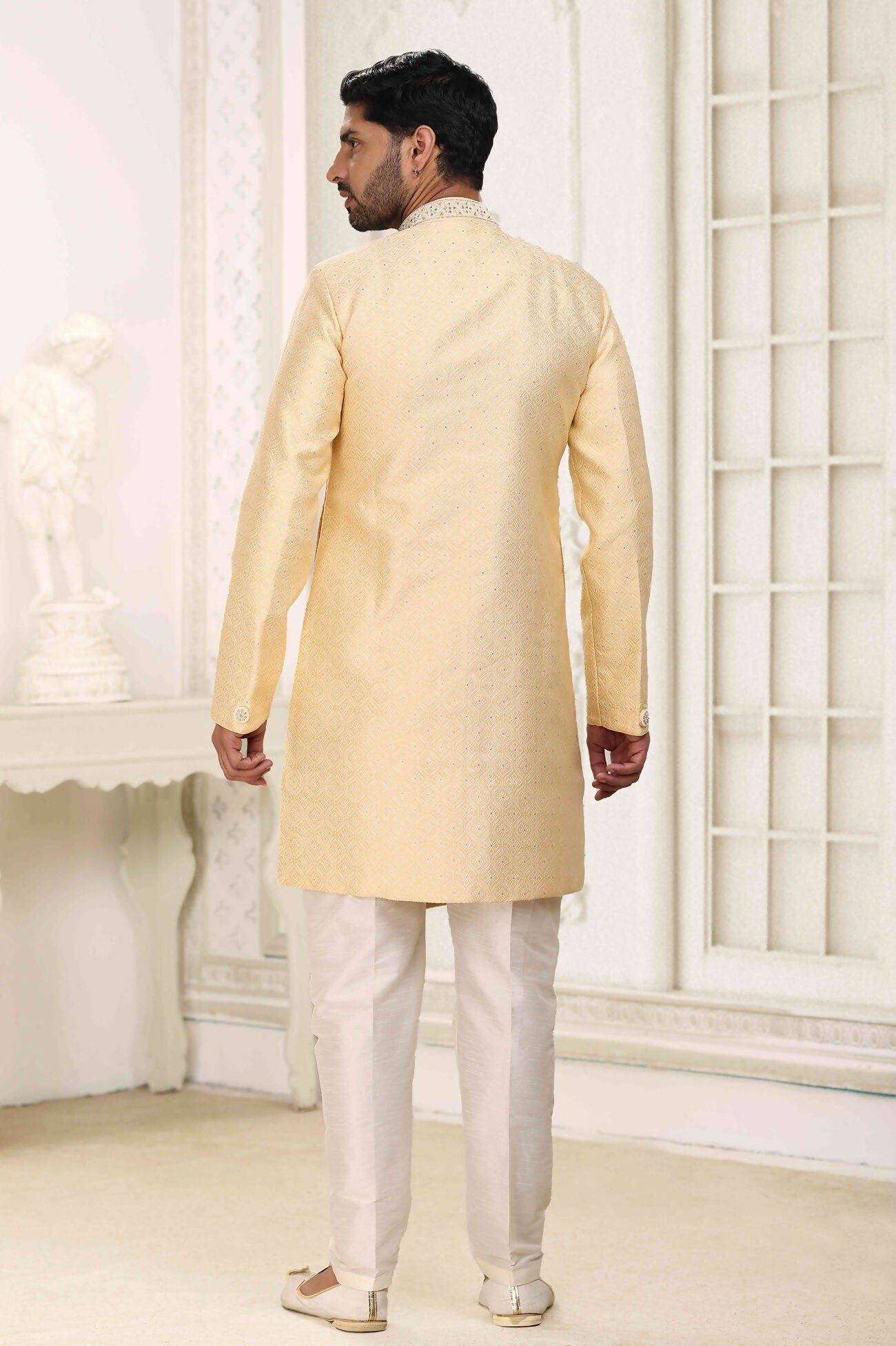 Raivat Ethnic Banarasi Jacquard Embroidery Semi Indo Western Sherwani In Yellow Colour | Swadesiicart