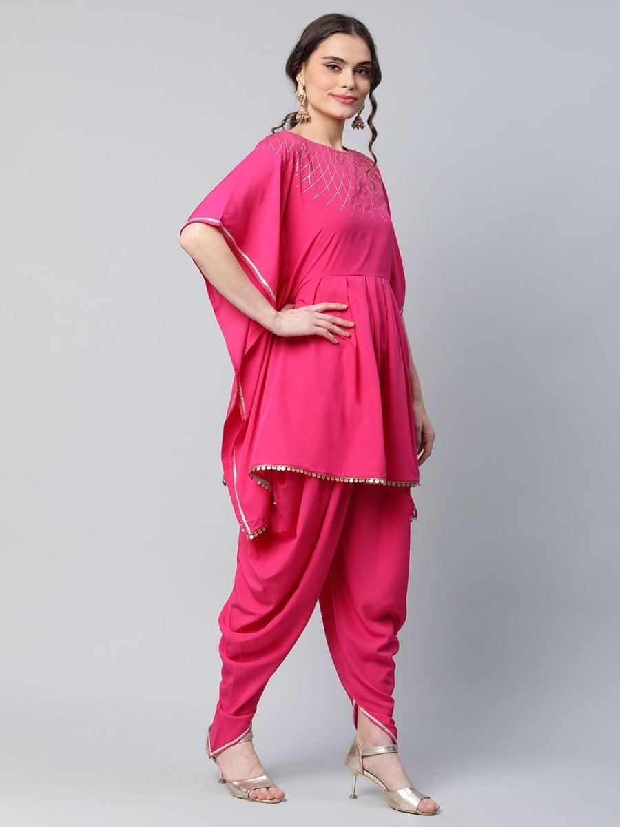 Ahalyaa Women Pink Crepe Glitter Printed Kurta with Dhoti Pants | Swadesiicart