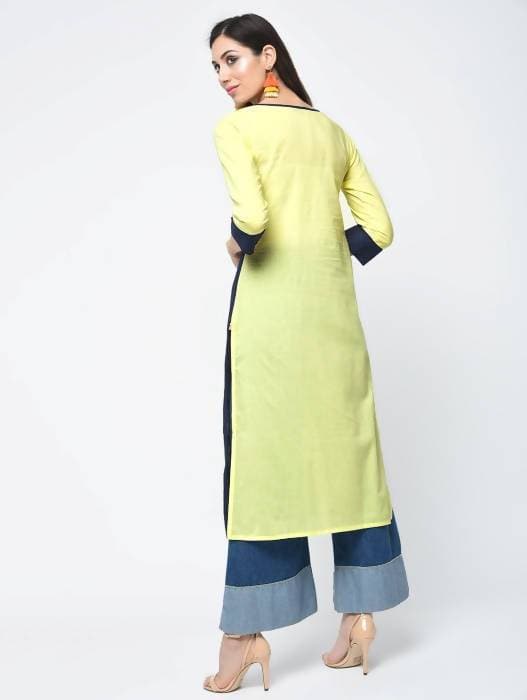 Aniyah Cotton Color Block Yellow Straight Kurta With Tassels (AN-103K) - Swadesiicart