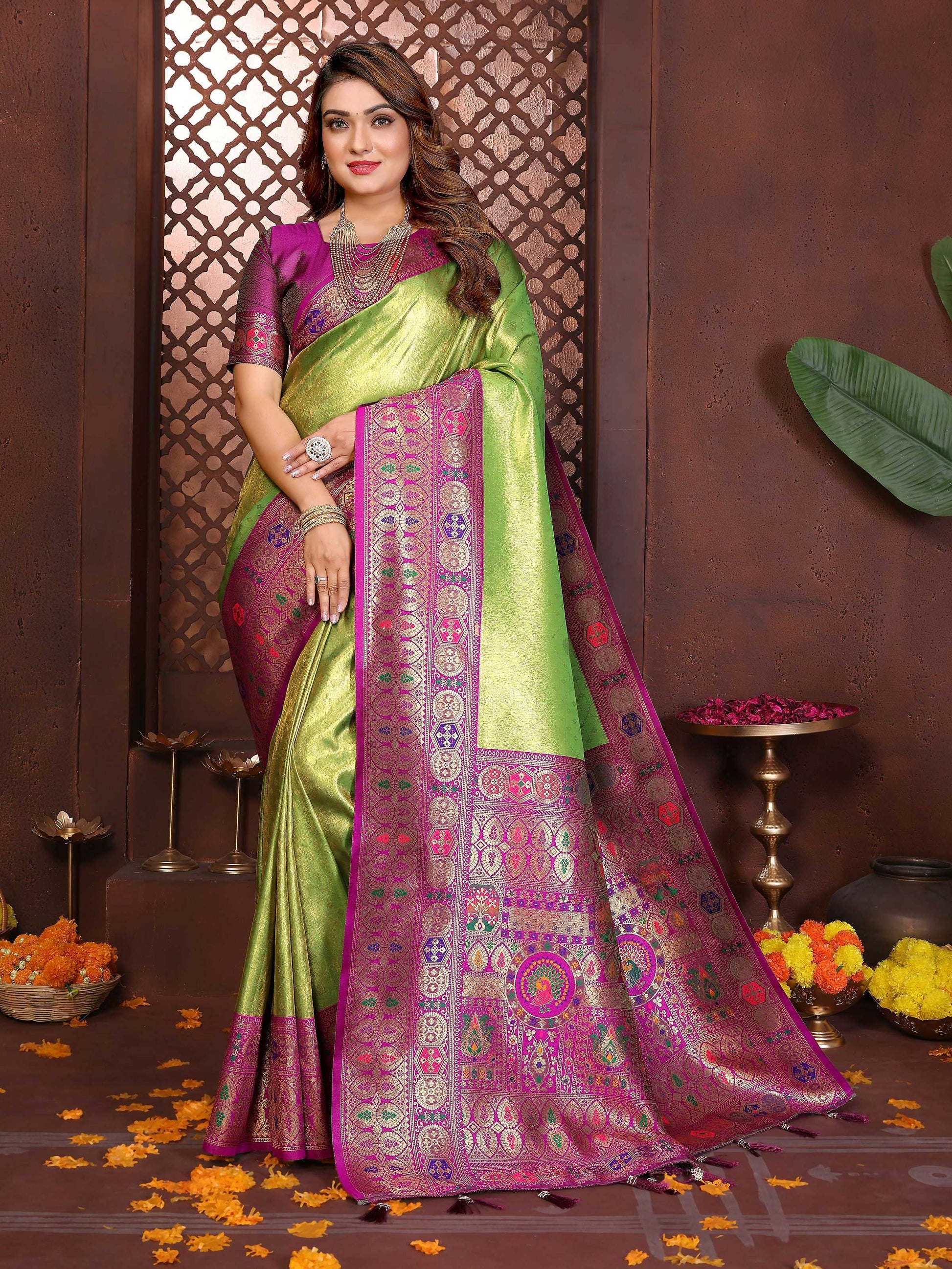 Aastha Fashion Green Tissue Silk Weaving Saree