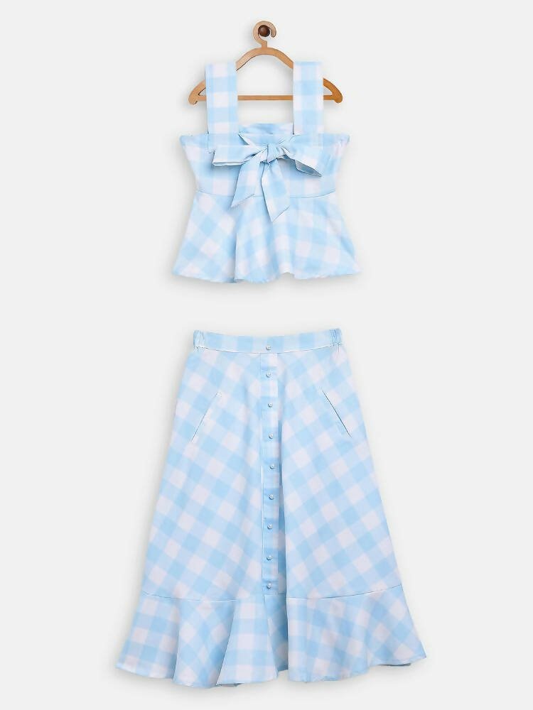 Ahalyaa Sky Blue Rayon Checked Kids Top With Skirts For Girls | Swadesiicart