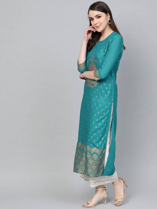 Anubhutee Peacock Blue Kurta Set with Golden Traditional Motifs