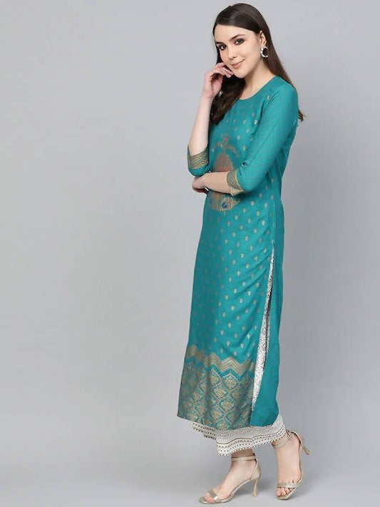 Anubhutee Peacock Blue Kurta Set with Golden Traditional Motifs