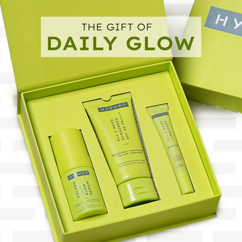 Hyphen By Kriti Sanon Daily Glow Essentials Gift Kit with Complete Skin Care Routine, with Face Serum, Moisturizing Sunscreen SPF & Lip Balm | Swadesiicart