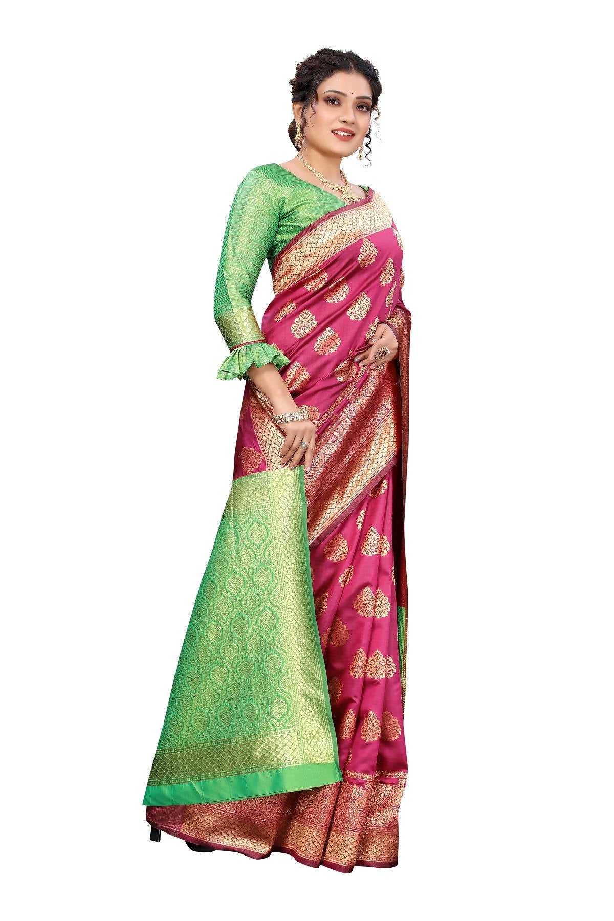 Vamika Ethnic Fire Pink Weaving Banarasi Jacquard Saree | Swadesiicart
