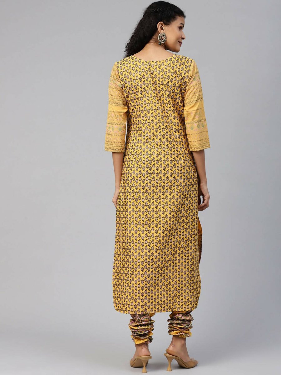 Ahalyaa Women Mustard Crepe Printed Kurta Churidar Set | Swadesiicart