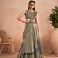 Green Satin Embroidered Ready To Wear Saree With Unstitched Blouse Piece - Nandika | Swadesiicart