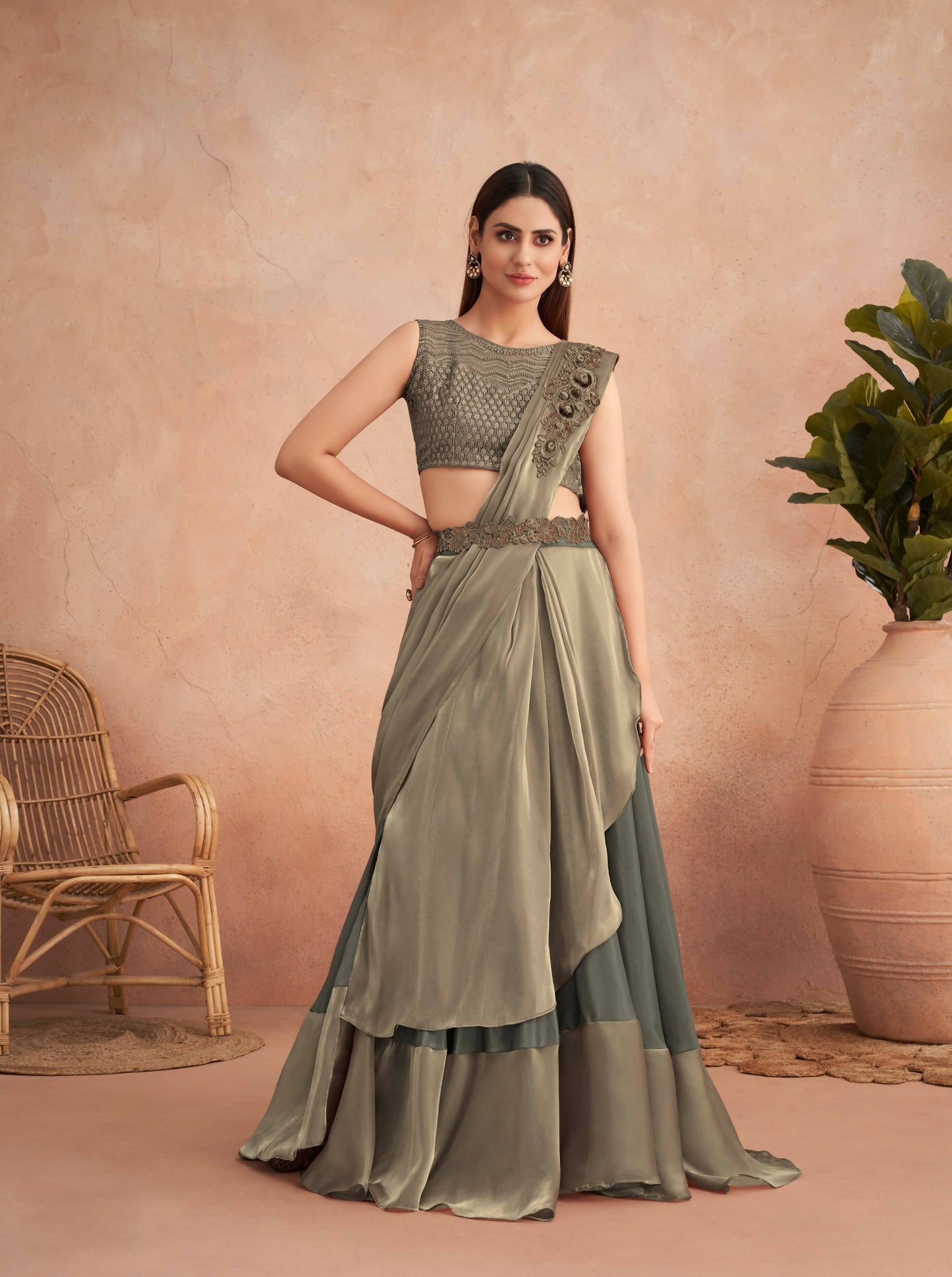 Green Satin Embroidered Ready To Wear Saree With Unstitched Blouse Piece - Nandika | Swadesiicart