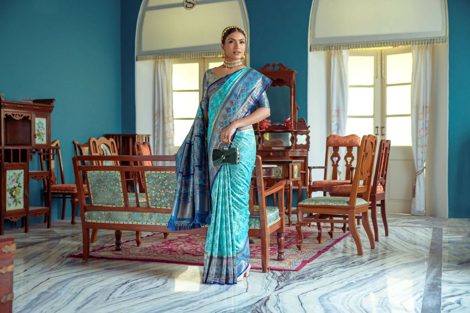 Vishnu Weaves Women's Firozi Patola Banarasi Silk Meenakari Zari Woven Saree with Blouse - Swadesiicart