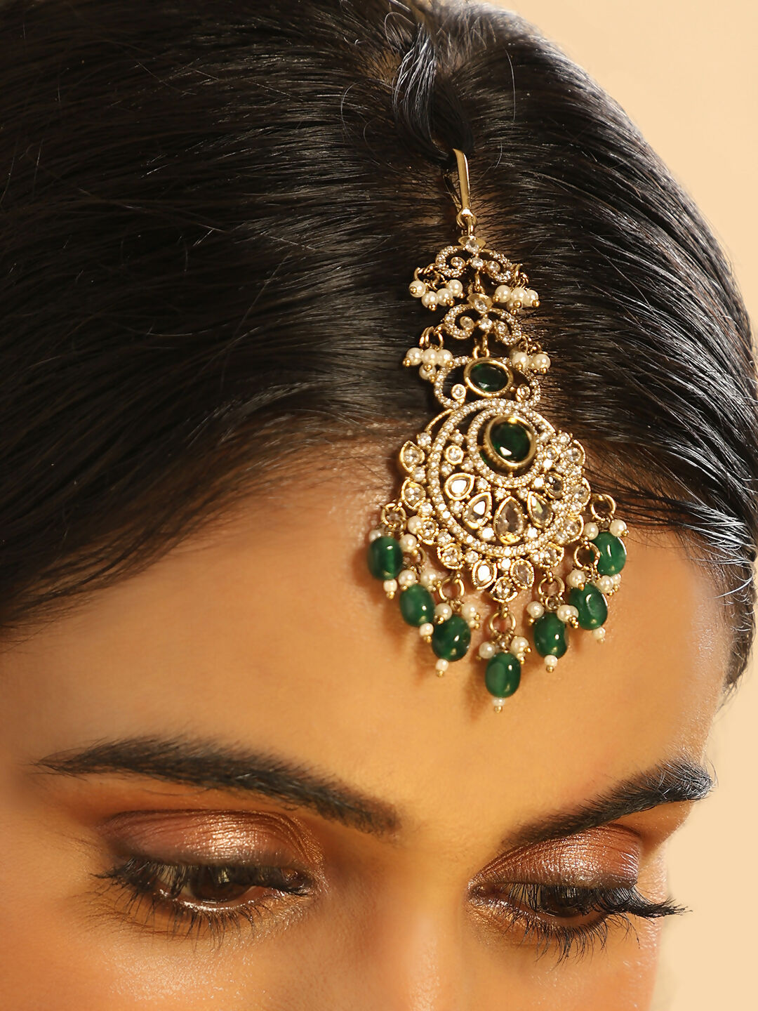 Nuyug 18K Gold Plated Ethereal Green Stone Maang Tikka | Swadesiicart