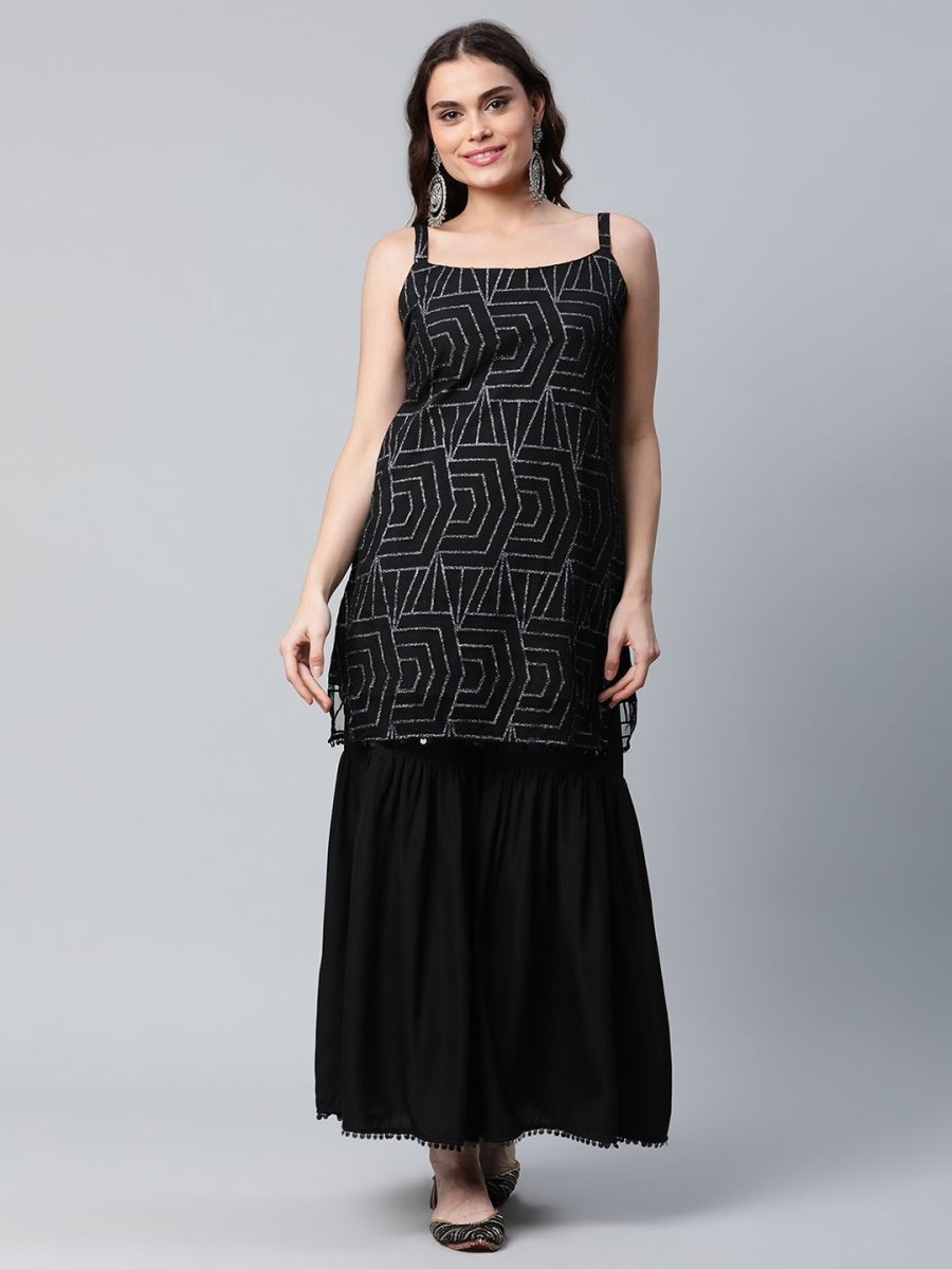 Ahalyaa Women Black Net Glitter Print Short Kurti With Sharara Dupatta Set | Swadesiicart