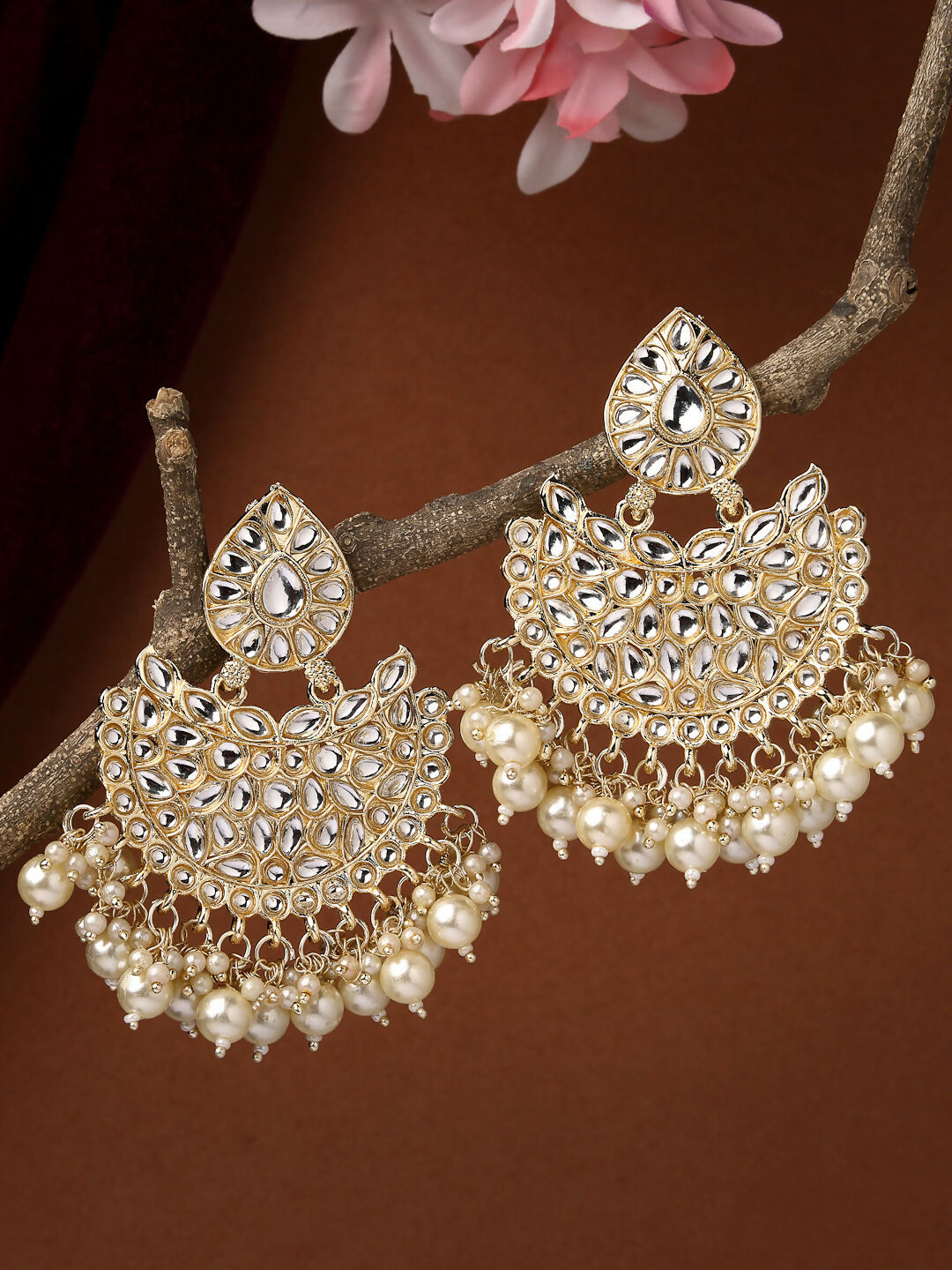 NVR Women Gold-Polished Kundan Chandbali Earrings | Swadesiicart