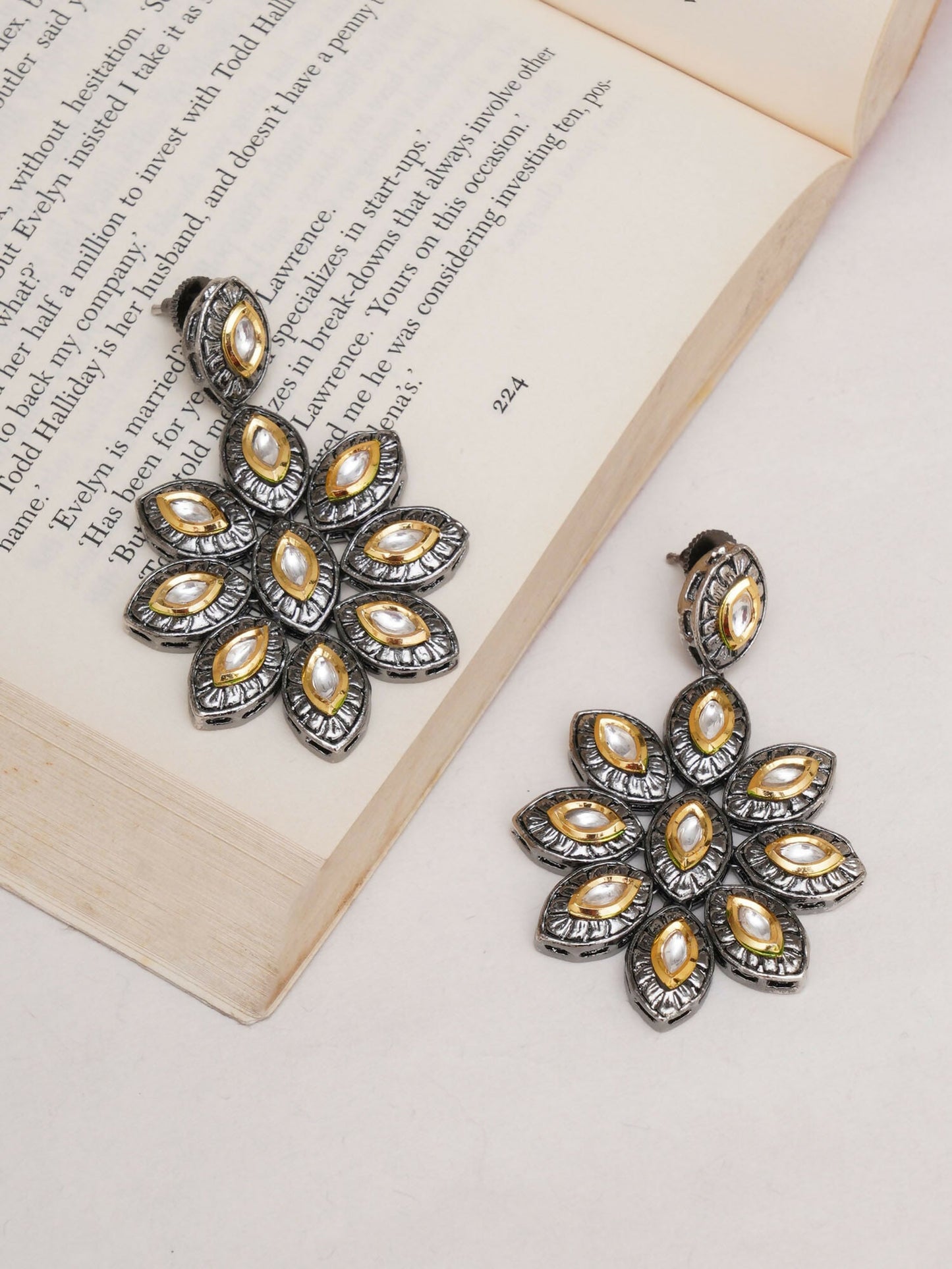 Dual Tone Kundan Flower Studs (silver) - Ruby Raang - Swadesiicart