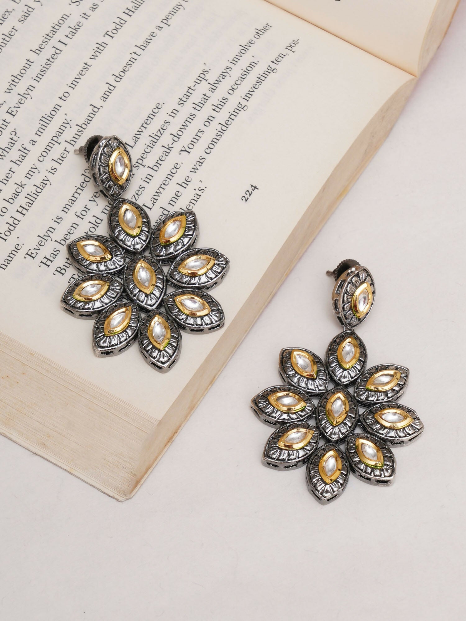 Dual Tone Kundan Flower Studs (silver) - Ruby Raang - Swadesiicart