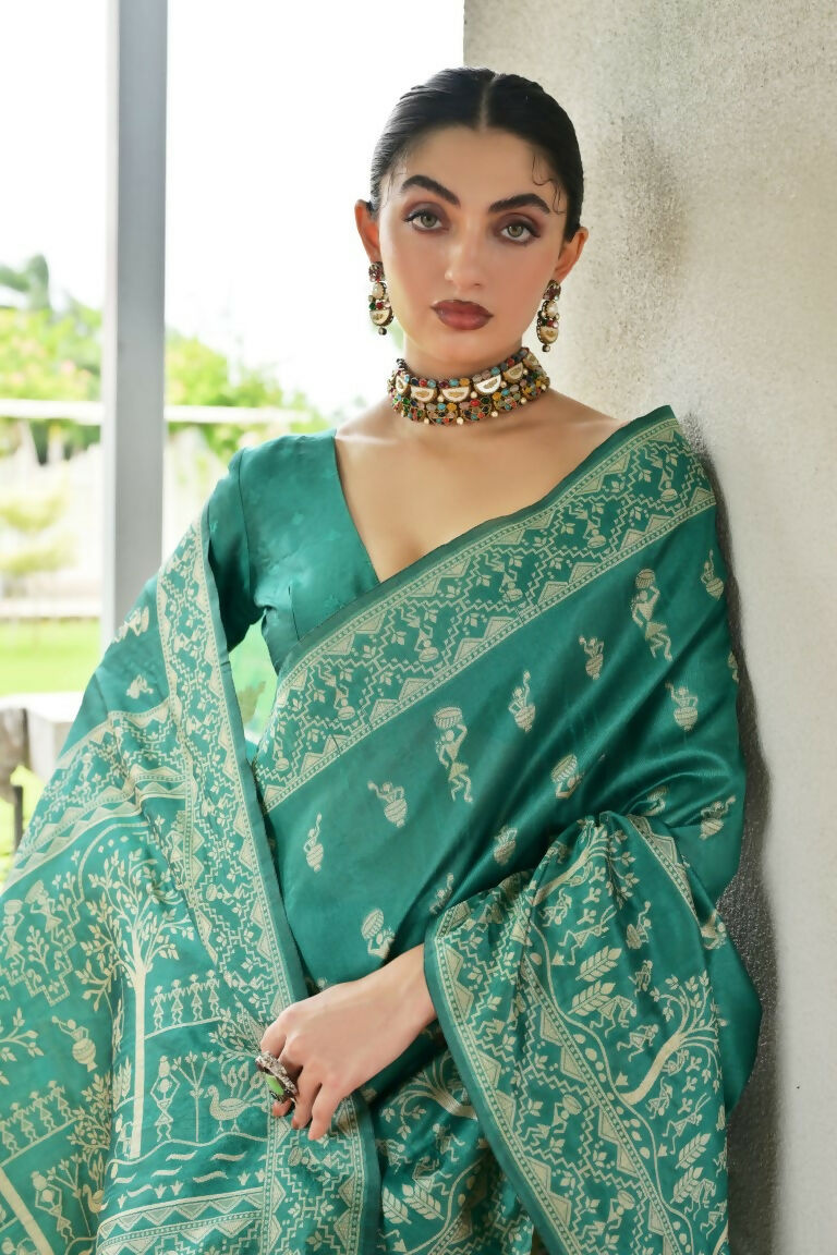 Vishnu Weaves Women's Rama Handloom Raw Silk Thread Weaving Saree with Blouse - Swadesiicart
