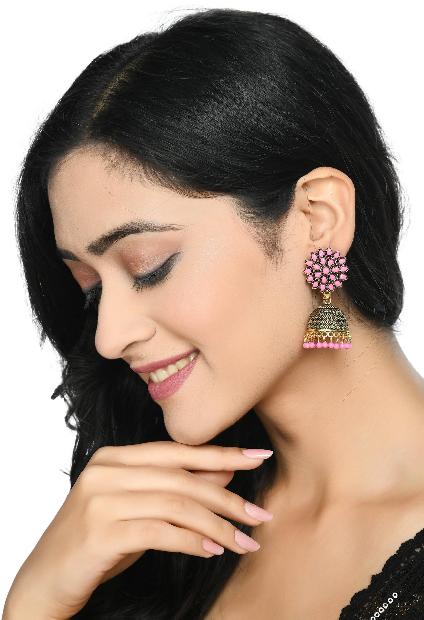 Mominos Fashion Johar Kamal Beautiful Kundan Work Jhumka With Baby Pink Beads - Swadesiicart