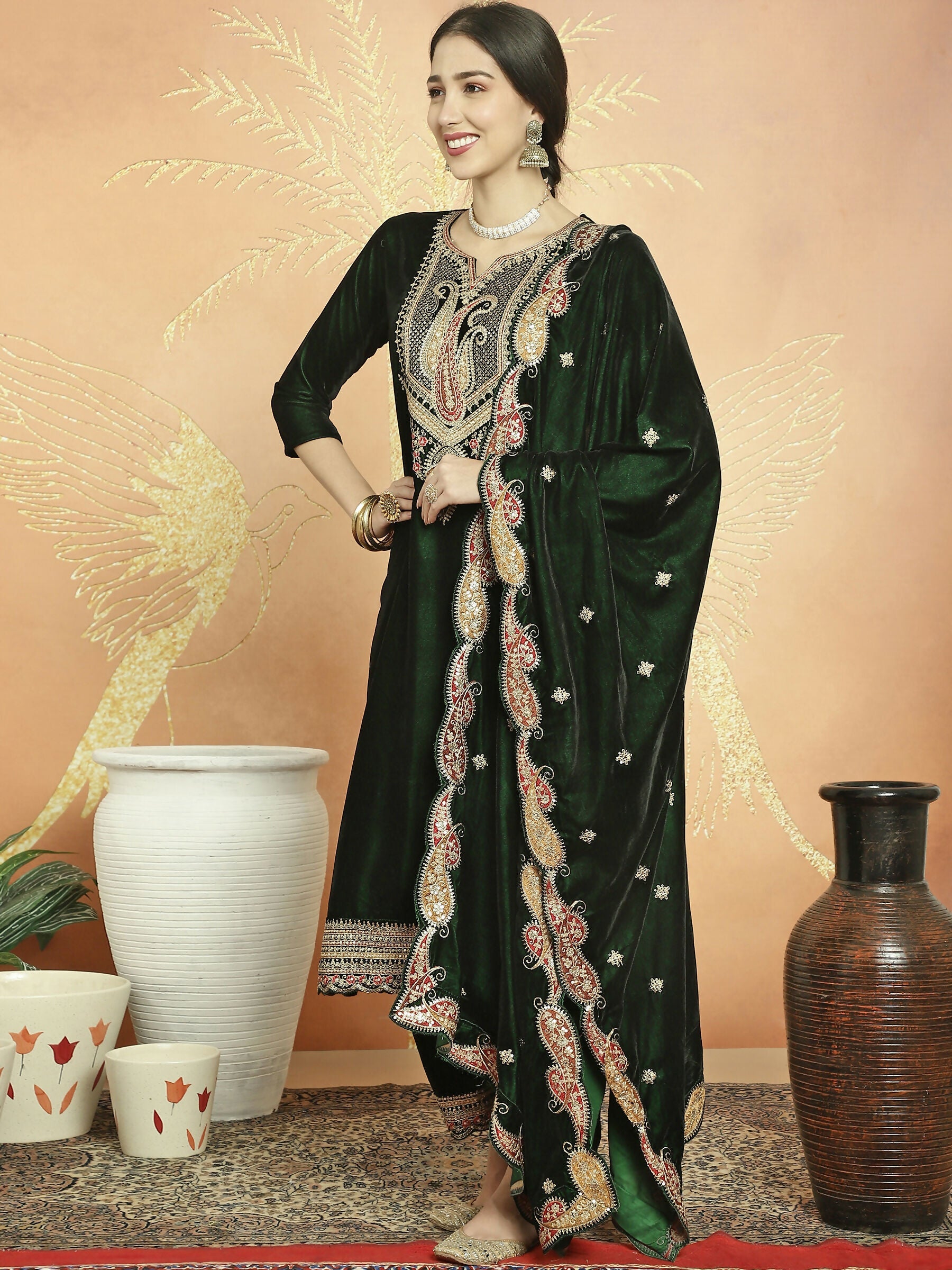 Jyoti Fashion Women's Green Velvet Cording with Resham Thread & Sequin Kurta with Trouser & Dupatta | Swadesiicart