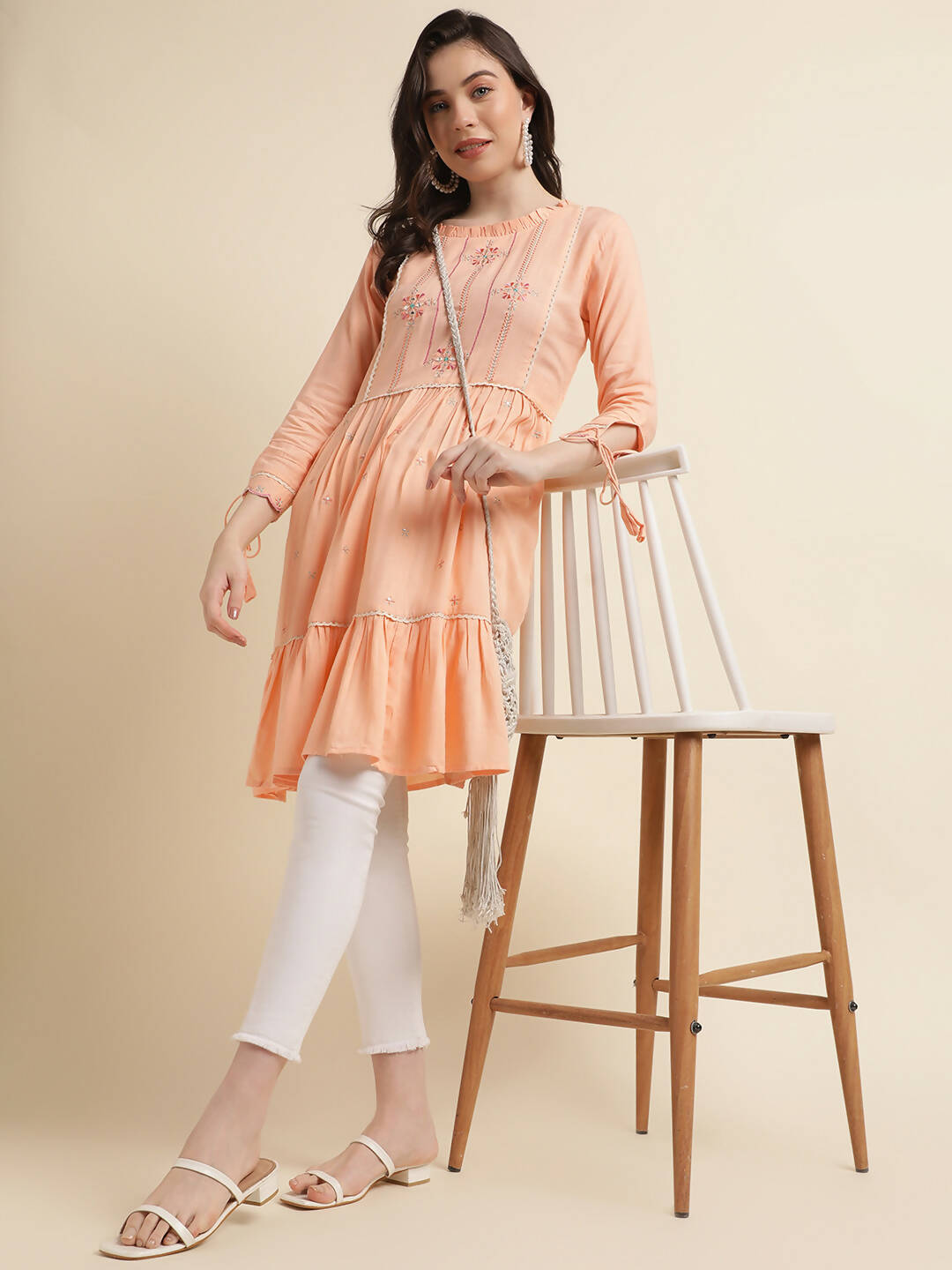 Peach Poly Cotton Yoke Embroidered A-line Top - Tarini - Swadesiicart
