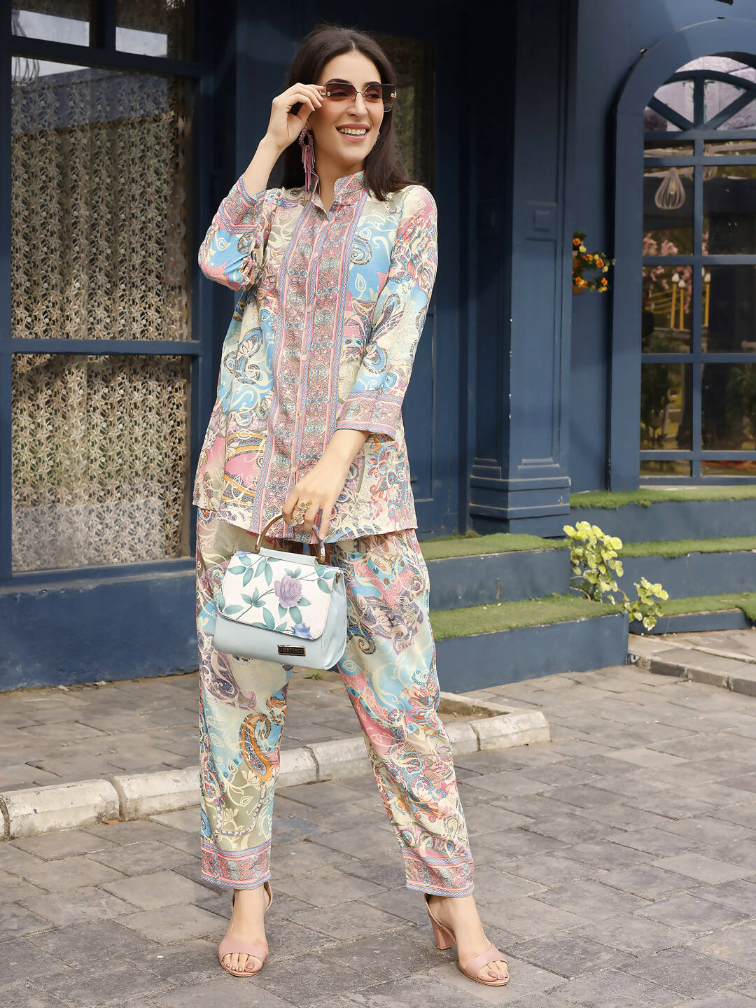 Beige & Pink Rayon Paisley Printed Top with Matching Bottom - Eesha - Swadesiicart