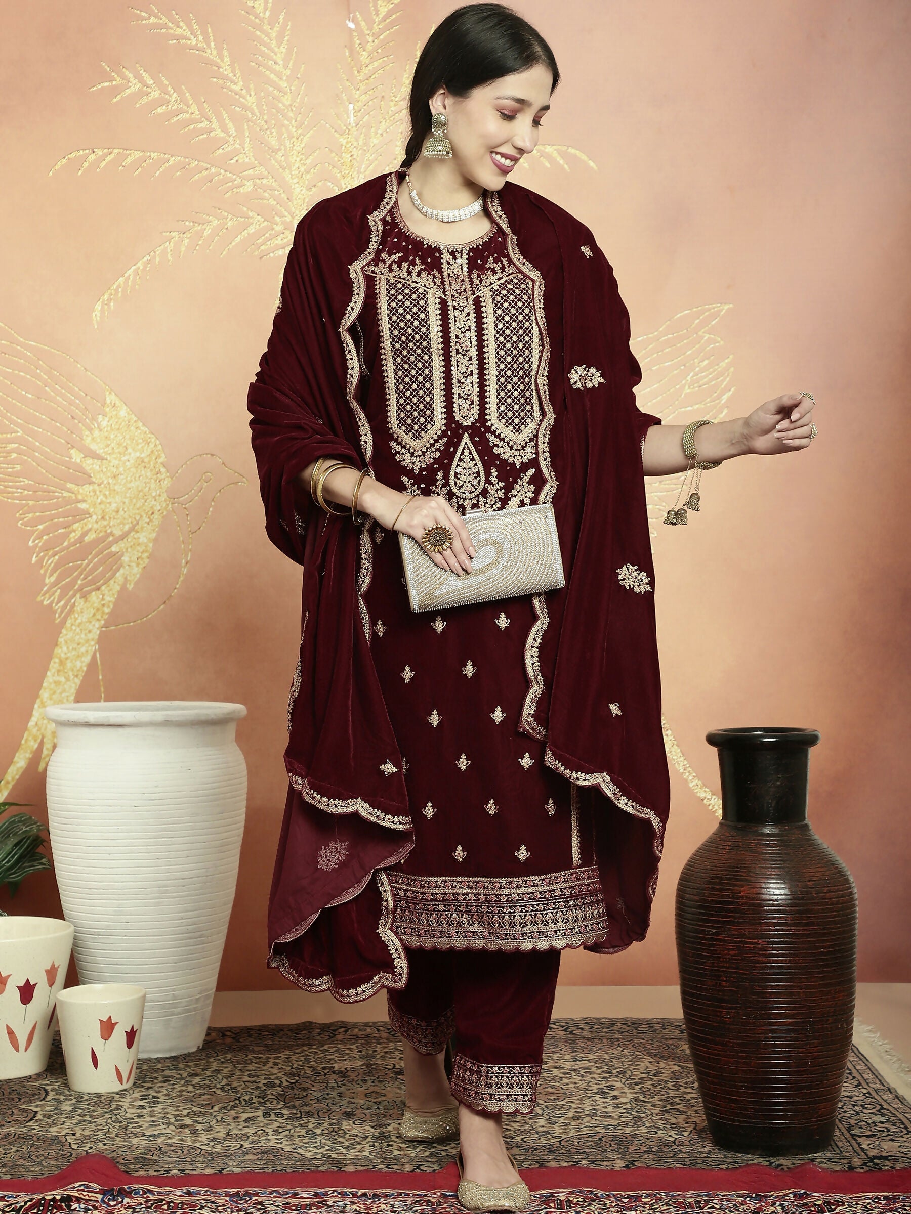 Jyoti Fashion Women's Maroon Velvet Cording with Resham Thread & Sequin Kurta with Trouser & Dupatta | Swadesiicart