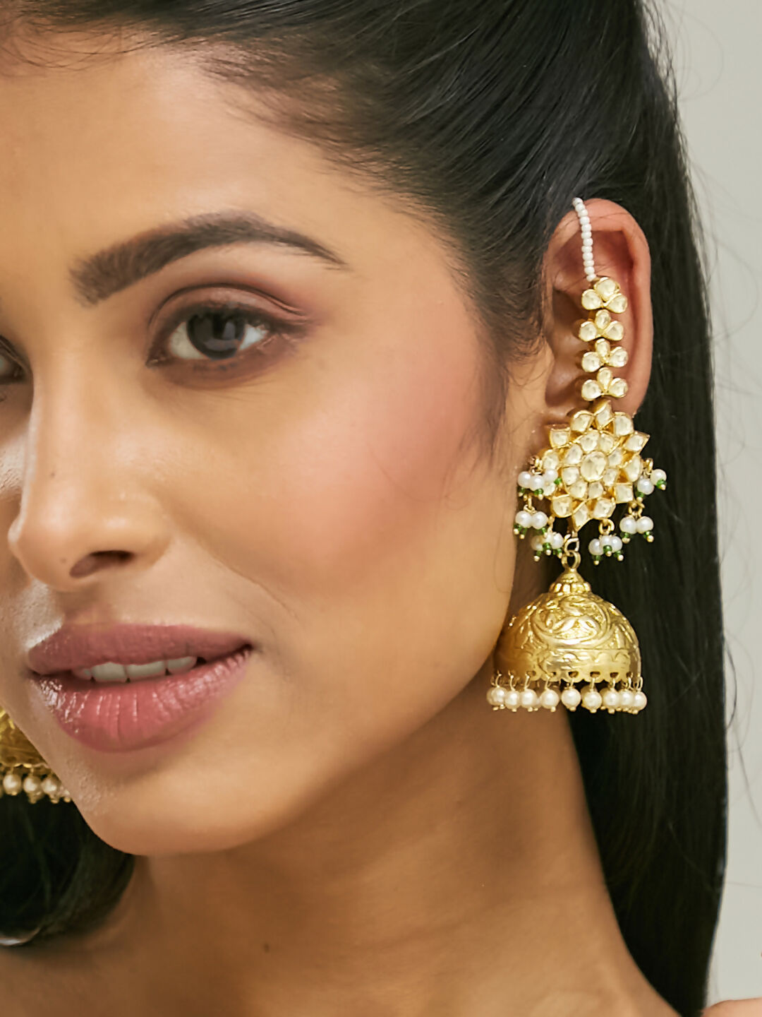 Nuyug 22K Gold-Plated Floral Jhumki Kundan Studded Kanauti Earrings | Swadesiicart