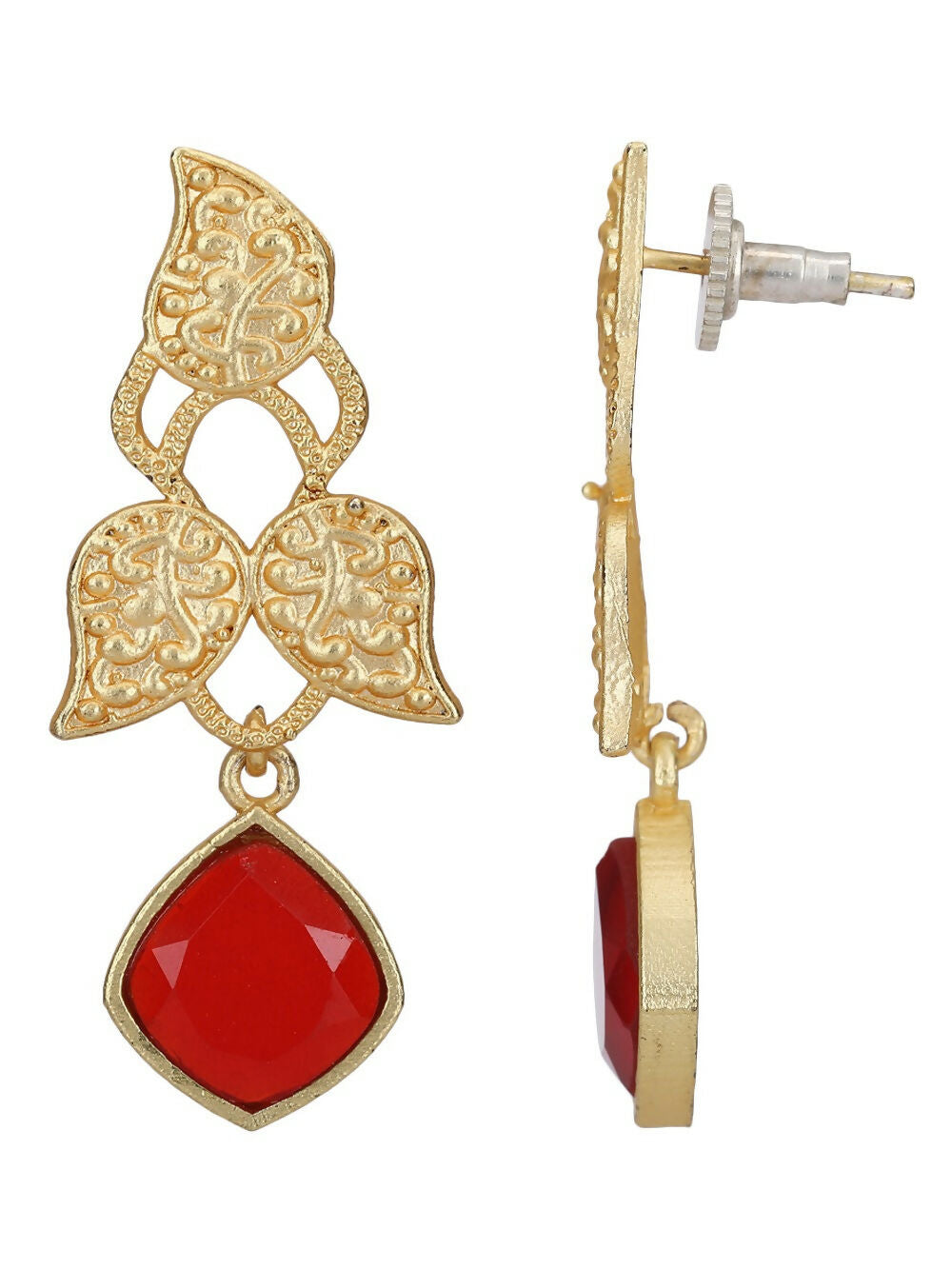 Joban Fashion Women Red Stone Matte Gold Earrings | Swadesiicart
