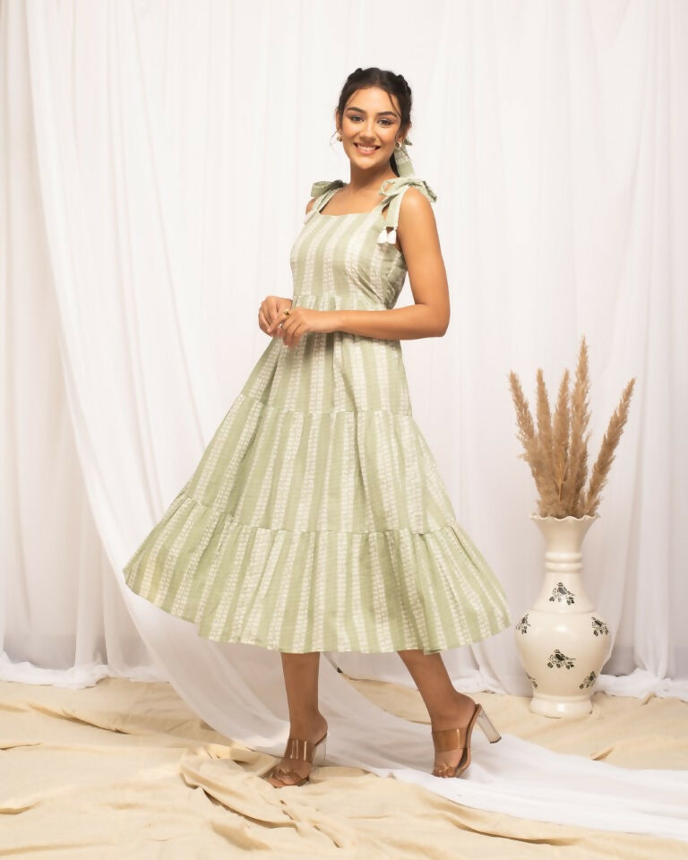 FIORRA Women's Green Cotton Printed Dress - Swadesiicart